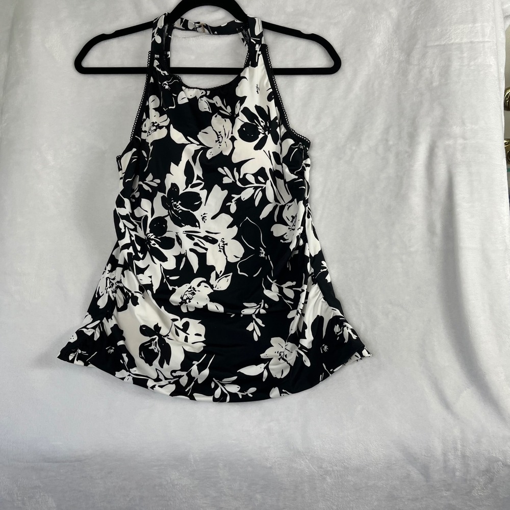 Susan Graver Tankini Top Womens 10 Black White Floral Halter Swimwear Swimsuit - Picture 11 of 11
